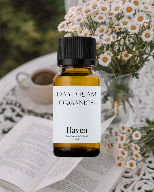 Our Haven essential oil blend has been created to transport you into a safe haven of your very own. This blend is serene, tranquil and sweet, creating a sense of safety, calm, and stillness—a perfect companion for quiet moments, deep breaths, and finding comfort within.