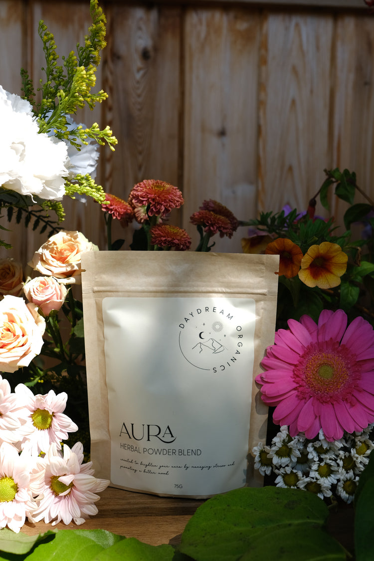 Our Aura Herbal Powder Blend is made using adaptogenic herbs to help support a balanced mood as well as healthy cortisol levels and stress responses. 