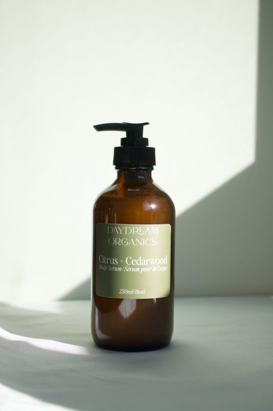 Our Body Serum is a rich, deeply nourishing natural skin treatment designed to replenish dry skin and lock in lasting moisture. Handcrafted with a blend of organic oils, butters, and waxes, this serum melts into the skin effortlessly leaving it feeling soft, smooth, and comfortably hydrated.&nbsp;