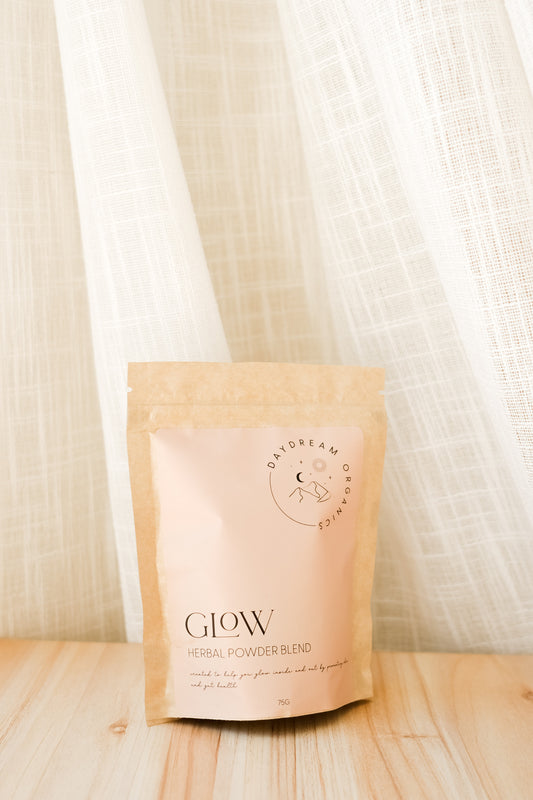 Our Glow herbal powder blend has been formulated with powerhouse herbs and mushrooms such as Chaga and Tremella  to help you glow from the inside and out by promoting better gut health and providing the body with antioxidants. 