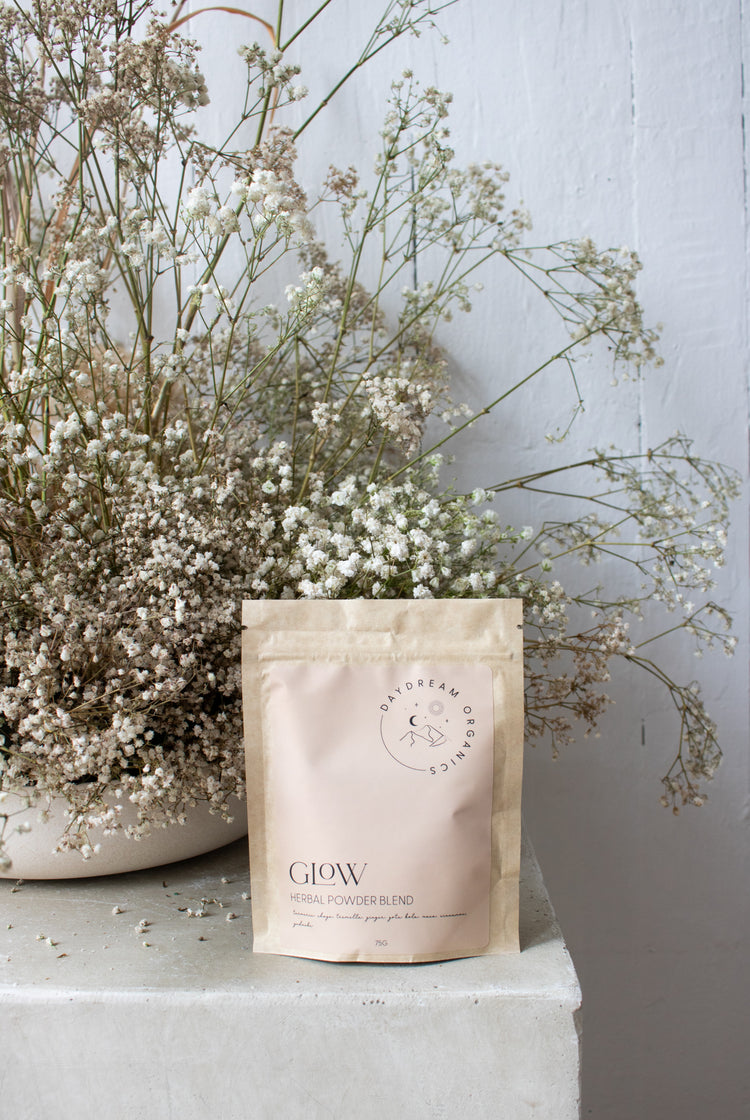 Our Glow herbal powder blend has been formulated with powerhouse herbs and mushrooms such as Chaga and Tremella  to help you glow from the inside and out by promoting better gut health and providing the body with antioxidants.  
